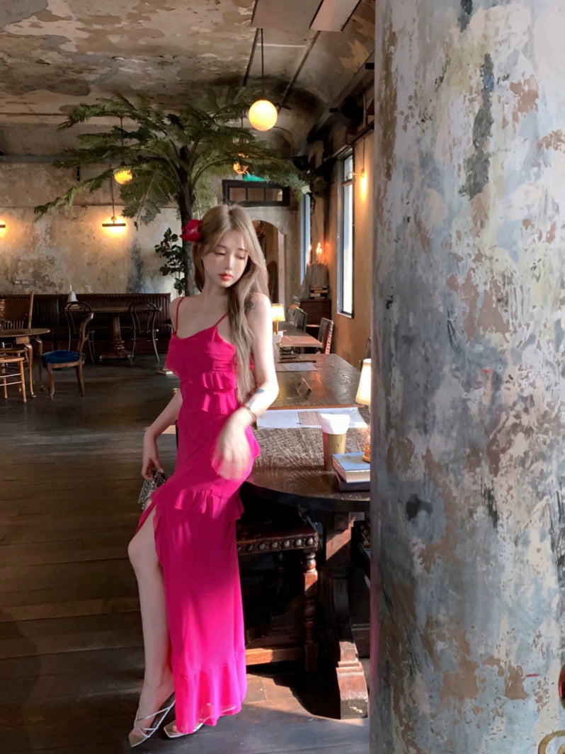 Hot pink ruffled dress summer sexy backless long party dress    S5914