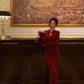 Red cheongsam style knitted dress winter new  Chinese style long party dress     S5633