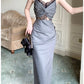 Gray lace beautiful pleated party evening dress    S6099