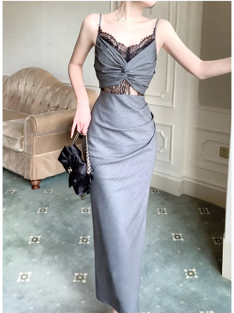 Gray lace beautiful pleated party evening dress    S6099