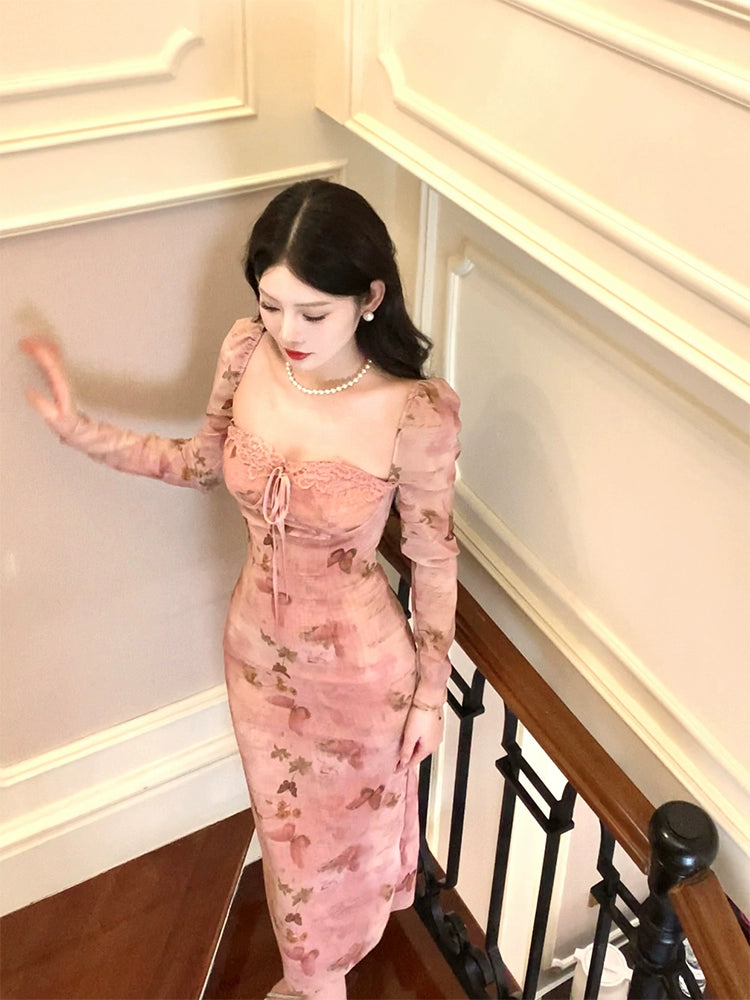 Retro Print Dress Butterfly Square Neck Puff Sleeve Elegant Long Dress      S6030
