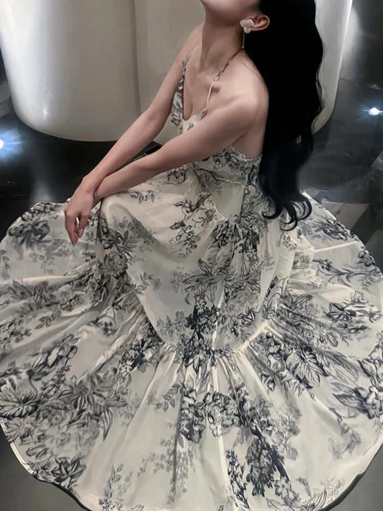 retro print halter dress summer new party dress   S6138