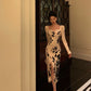 Retro satin dress for women new style ink print slit long party dress     S5690