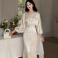 white long-sleeved satin dress long party dress      S5971