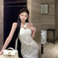 White pleated mermaid slit long party dress    S5915