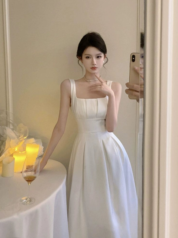 White satin a-line suspender dress for women new summer style long dress      S5812