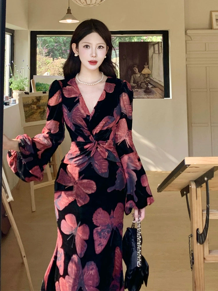 Retro velvet butterfly dress elegant V-neck long party dress    S6105