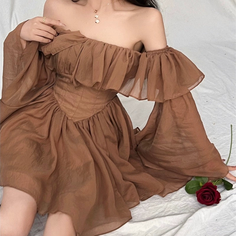 Ruffled long sleeve off shoulder dress        S5798