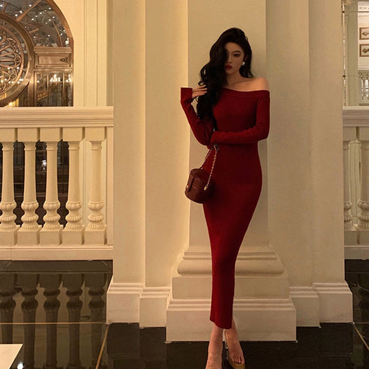 Red off-shoulder evening dress party dress      S5569