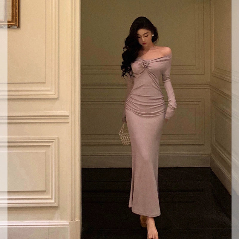 Off-shoulder sexy long-sleeved dress for women new party dress     S5645