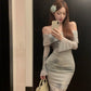 Off-shoulder print long sleeve dress sexy mermaid dress    S5912