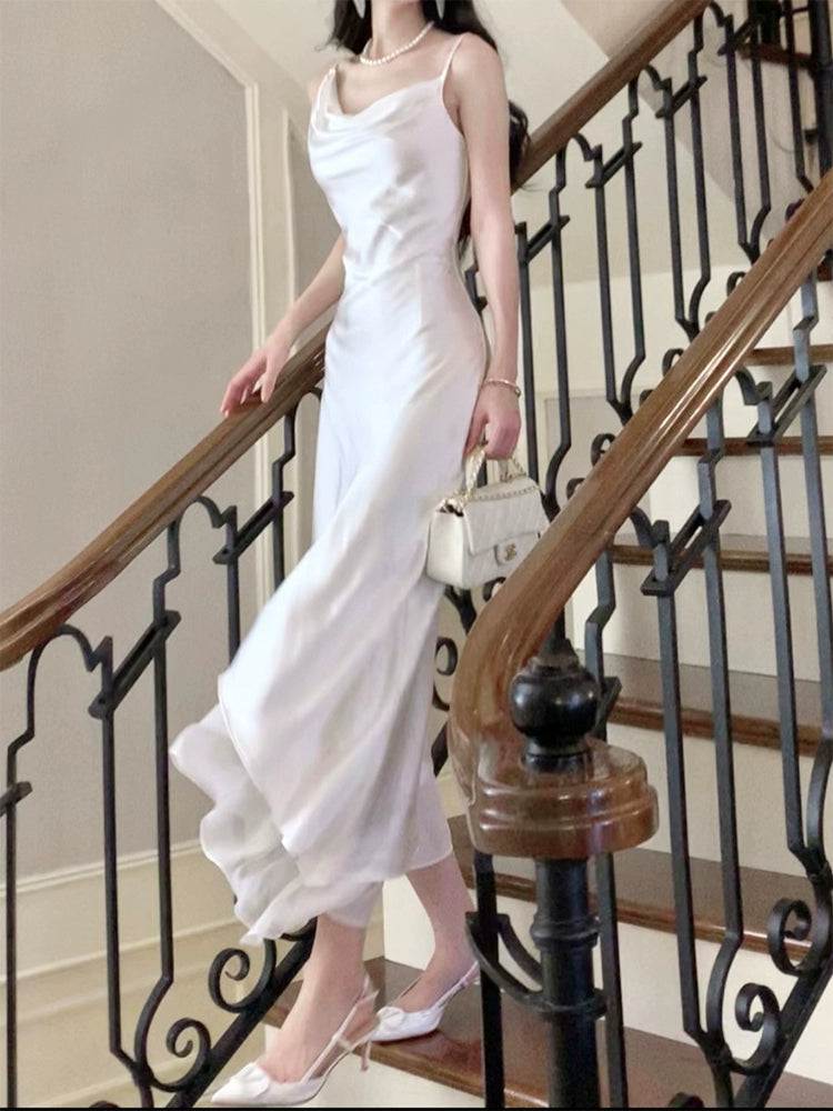 white satin dress long evening dress    S5949