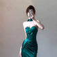 Birthday dress evening dress luxury satin strapless halter neck dress     S5844
