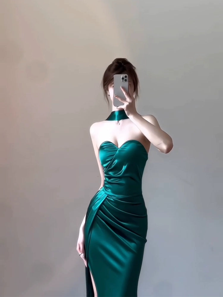 Birthday dress evening dress luxury satin strapless halter neck dress     S5844