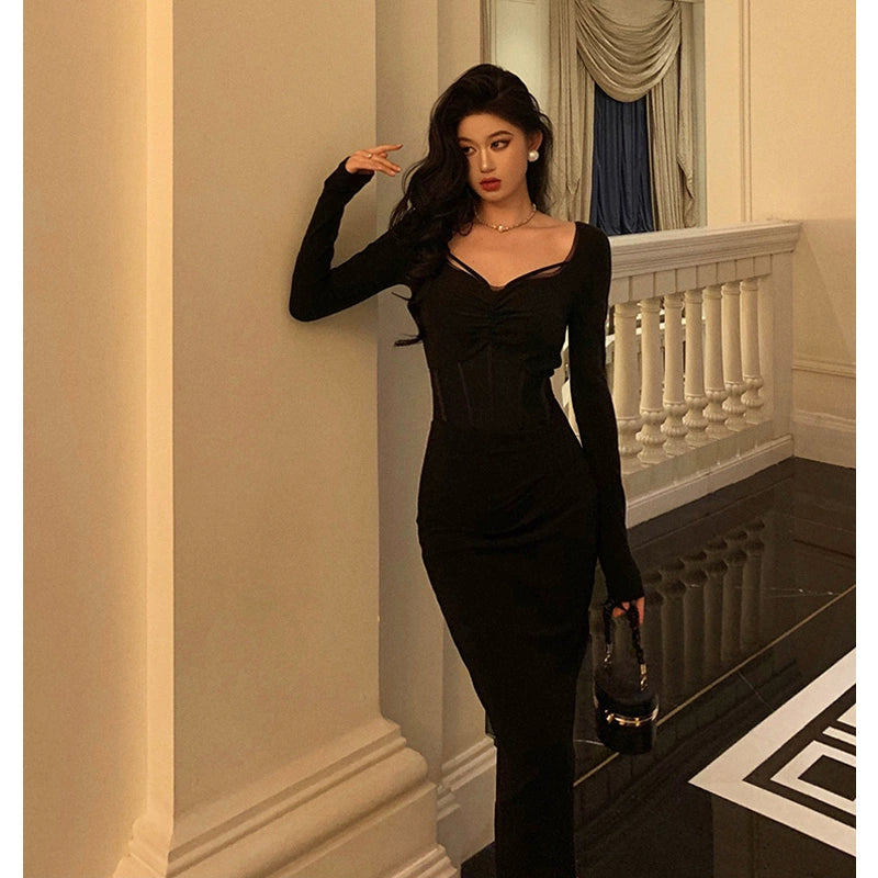 Black long-sleeved dress for women new design party dress    S5528