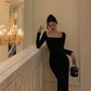 Black velvet dress women new square neck long sleeve party dress     S5664