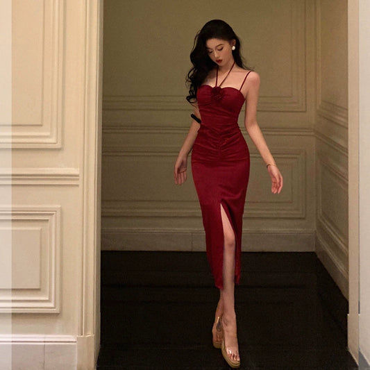 Red halter neck suspender dress mermaid dress      S5551