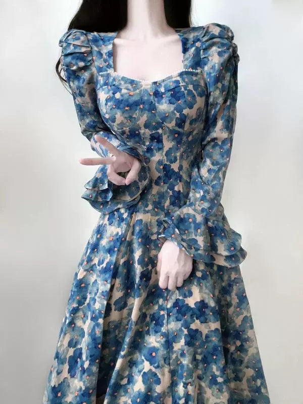 Retro floral long-sleeved dress for women new style party dress      S5875