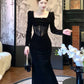 black velvet dress square neck long sleeve party dress    S6104