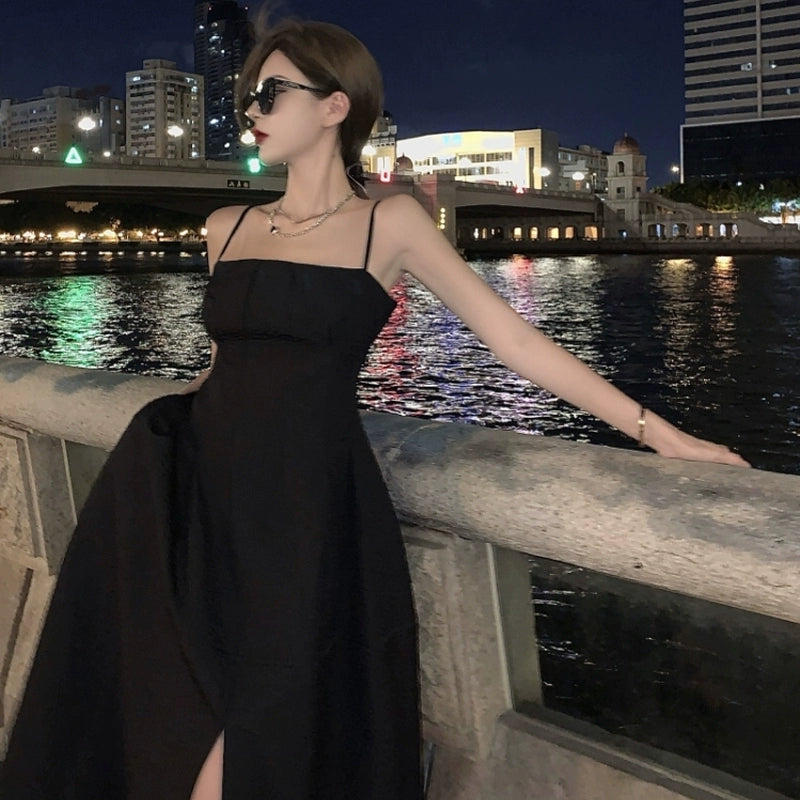 Black simple Spaghetti Straps dress women's summer long dress      S5861