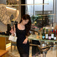 Black polka dot suspender dress women's chiffon sexy long party dress     S5717