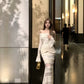 Off-shoulder white mermaid long sleeve dress lace splicing long party dress     S5906