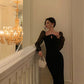 Pearl halter neck velvet dress for women new retro slit long dress     S5616