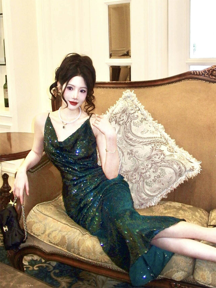 luxury sequined evening dress green new party evening dress    S6097