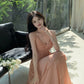 Halter neck dress women's long dress v-neck pleated a-line dress      S5901