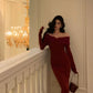 Red off-shoulder knitted dress for women winter new long party dress    S5601
