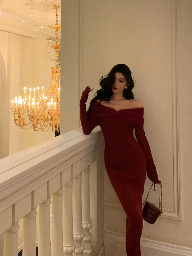 Red off-shoulder knitted dress for women winter new long party dress    S5601