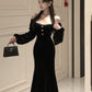 Black velvet dress for women winter birthday dress party dress      S5877