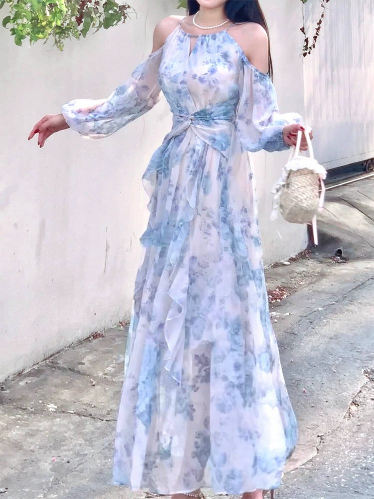 Chiffon printed dress women's seaside holiday long dress party dress     S6153