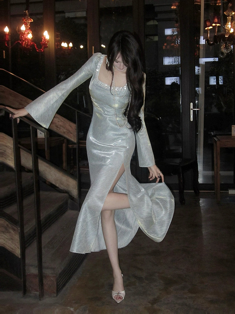 French square neck bubble long sleeve dress mermaid party dress    S6058