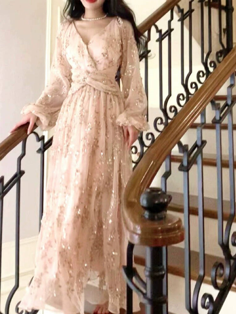 luxury V-neck sequined dress design puff sleeve long party dress    S6060