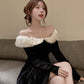 Birthday party dress off-shoulder long-sleeved black velvet dress        S5773