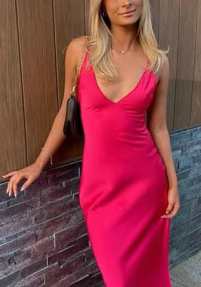 Sexy A line V neckline Sleeveless Party Dress Hot Pink Prom Dress        S6115