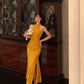 Gold jacquard long new halter neck slit cheongsam dress  S5659