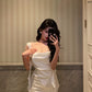 White satin suspender dress new ribbon backless split long party dress       S5681