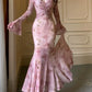 pink printed dress long sleeve mermaid Long Evening Gowns        S6015