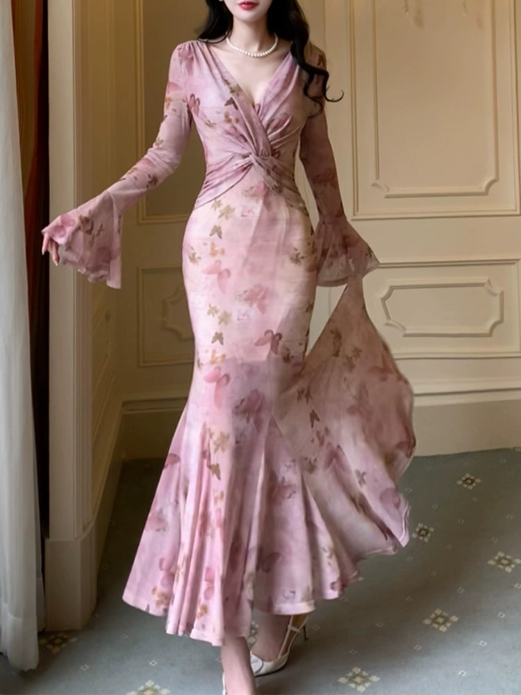 pink printed dress long sleeve mermaid Long Evening Gowns        S6015