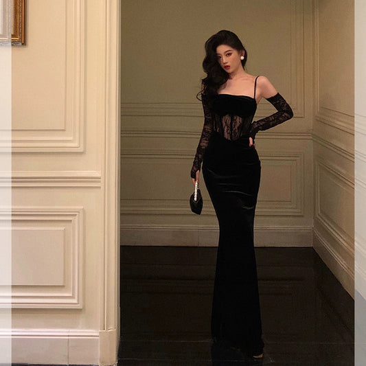 Banquet lace suspender dress new velvet long party dress      S5560