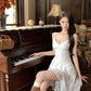 Lace V-neck dress for women irregular white beautiful mid-length party dress     S5909