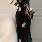 Sexy black floral suspender dress for women long party dress        S5800