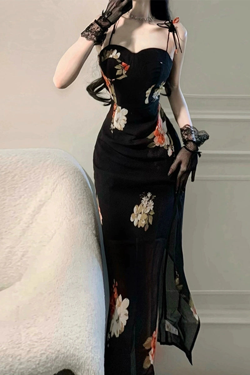 Sexy black floral suspender dress for women long party dress        S5800