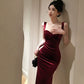 Birthday party dress banquet wine red velvet suspender dress     S5822
