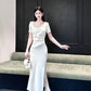 White short-sleeved dress elegant engagement dress satin long dress    S5953
