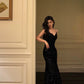 Black sequined suspender dress winter new velvet mermaid dress party dress     S5597