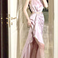 Pink Satin Pleated Long Birthday Party Dress Long Evening Gowns        S6014