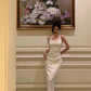 White halter neck dress summer new pleated party dress     S5618